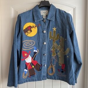 Women's Holiday Cowboy Santa Denim Shirt Jacket with Cactuses Embroidery